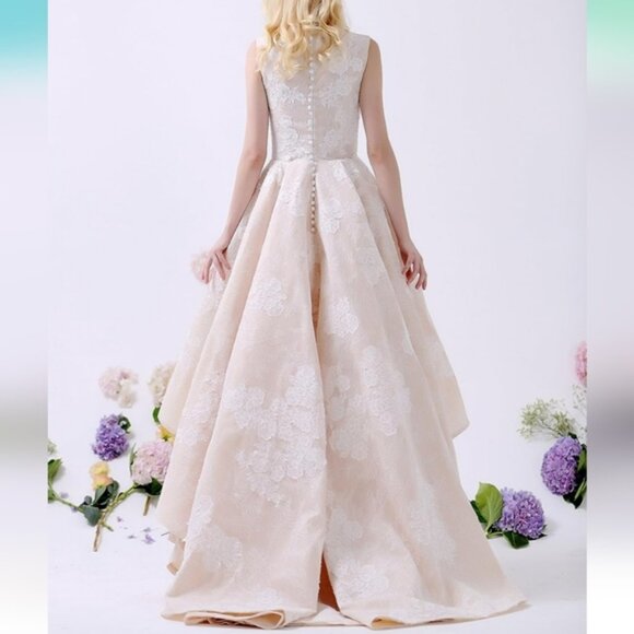 Champagne Lace Wedding Prom Elegant Dress High Low German Designer Size 10 - Picture 3 of 11